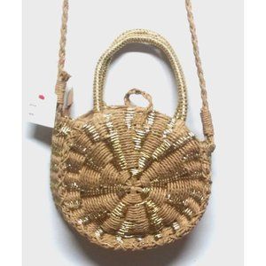 Straw Crossbody Bag tan gold Rattan Round 8” Canteen Style Wicker Purse Boho EUC